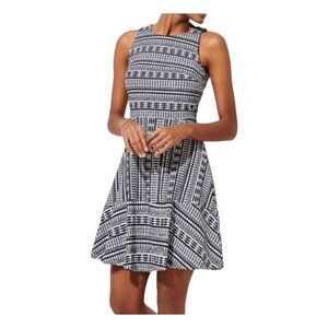 Loft Geo Textured Tweed Mini Dress Black White Knit Pattern Fit Flare Sleeveless